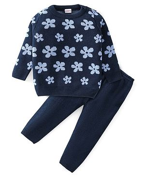 Babyhug Knitted Full Sleeves Baby Sweater Set with Floral Design - Navy Blue Babyhug Knitted Full Sleeves Baby Sweater Set with Floral Design - Navy Blue