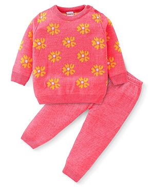 Babyhug Knitted Full Sleeves Baby Sweater Set with Floral Design - Peach Babyhug Knitted Full Sleeves Baby Sweater Set with Floral Design - Peach
