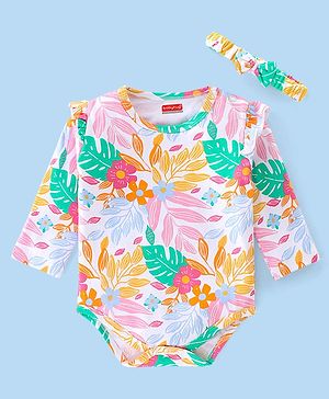 Babyhug 100% Cotton Knit Full Sleeves Onesie with Head Band Floral Print - Multicolour
