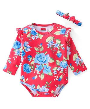 Babyhug 100% Cotton Full Sleeves  Onesie with Head Band Floral Print - Red