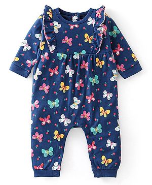 Babyhug 100% Cotton Full Sleeves Romper With Butterfly Print - Navy Blue
