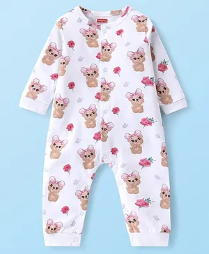 Babyhug 100% Cotton Knit Full Sleeves Romper Bear Printed - White