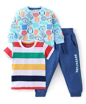 Babyhug 100% Cotton Terry Knit Half & Full Sleeves T-Shirt & Lounge Pant Stripes & Penguin Print - Yellow Red & Blue