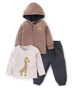 Babyhug 100% Cotton Full Sleeves Hooded Jacket T-Shirt & Lounge Pants With Giraffe Print - Brown
