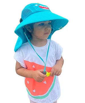 Little Surprise Box Monster Design Detailed Summer Hat With Wide Neck Flap - Turquoise Green