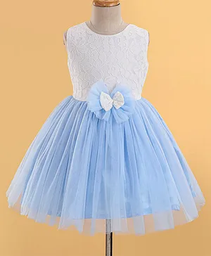 Enfance Sleeveless Bow Applique Floral Lace Embroidered Fit & Flare Dress - Ferozi Blue