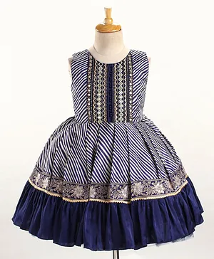 Enfance Sleeveless Leheriya Designed Mirror Work Embroidered & Floral Foil Printed Ethnic Dress - Navy Blue