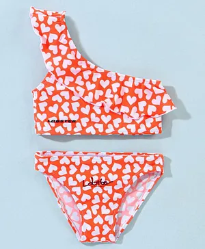 LOBSTER One Shoulder Two Piece Swimsuit Polka Dots Print - Orange
