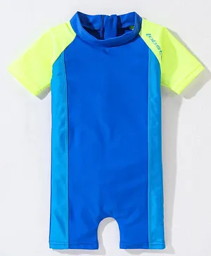 LOBSTER Half Sleeves Legged Color Block Swimsuit - Navy Blue