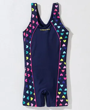Lobster Sleeveless Legged Swimsuit Heart Print - Navy Blue