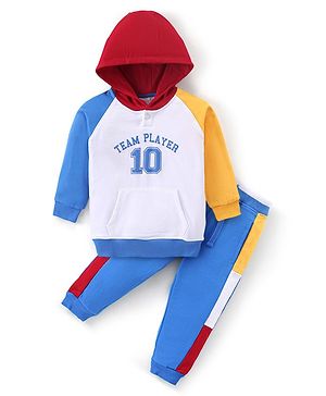 Babyhug 100% Cotton Knit Raglan Sleeves Hooded T-Shirt & Lounge Pant Set Text Print - White Yellow & Blue