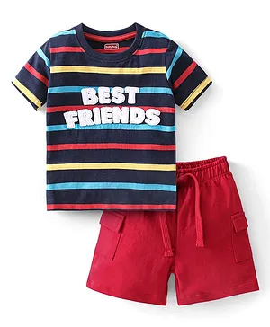 Babyhug 100% Cotton Knit Half Sleeves T-Shirt & Shorts With Text Embroidery - Red & Navy Blue