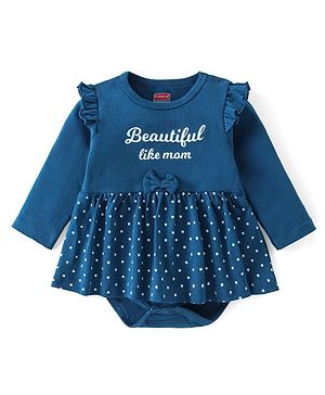 Babyhug 100% Cotton Interlock Knit Full Sleeves Onesie Polka Dot & Text Print - Navy Blue