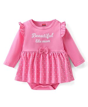 Babyhug 100% Cotton Interlock Knit Full Sleeves Onesie Polka Dot & Text Print - Pink