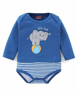 Babyhug 100% Cotton Knit Full Sleeves Onesie Elephant Print - Blue