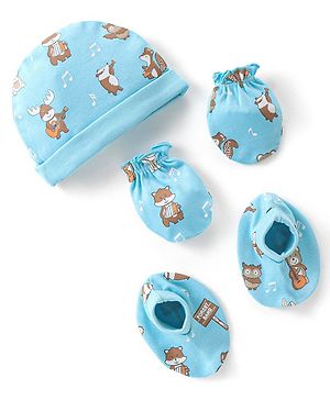 Babyhug 100% Cotton Knit Cap Mittens & Booties With Squirrel Print - Blue