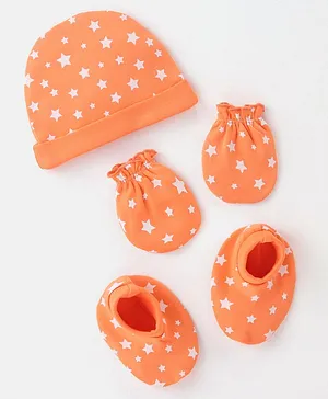 Babyhug 100% Cotton Knit Cap Mittens & Booties Set Stars Print - Orange