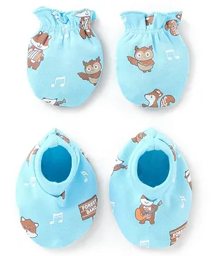 Babyhug 100% Cotton Knit Mittens & Booties Set Owl Print - Blue