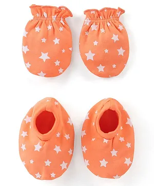 Babyhug 100% Cotton Knit Stars Printed Mittens & Booties Set - Orange