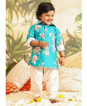 VASTRAMAY SISHU Muslin Full Sleeves Seamless Floral Printed Kurta With Patiala Set - Turquoise Blue & Cream