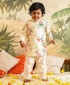 VASTRAMAY SISHU Muslin Full Sleeves All Over Spring Floral Printed Kurta With Pyjama - Yellow & Cream