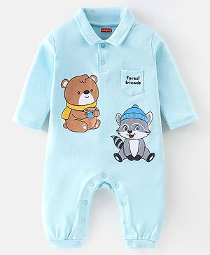 Babyhug 100% Cotton Interlock Knit Full Sleeves Romper Animal Print - Blue