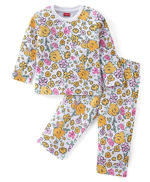 Babyhug Cotton Knit Full Sleeves Night Suit With Floral Print - White
