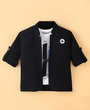 Dapper Dudes Full Sleeves Solid Jacket With Optimism Text Printed Tee - Black