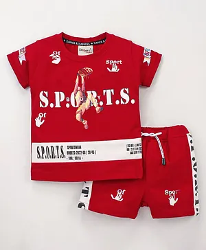 Dapper Dudes Half Sleeves Sports Text Printed Tee With Shorts - Red