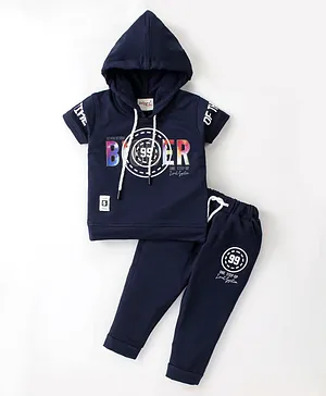 Dapper Dudes Half Sleeves Bigger Text Printed Hooded Tee  With Track Pant - Navy Blue