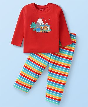 Babyhug Cotton Knit Full Sleeves Night Suit With Animal Print & Striped - Red