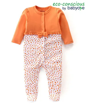 Babyoye Eco Conscious Cotton Full Sleeves Sleepsuit Printed with Bow Applique - Orange & White