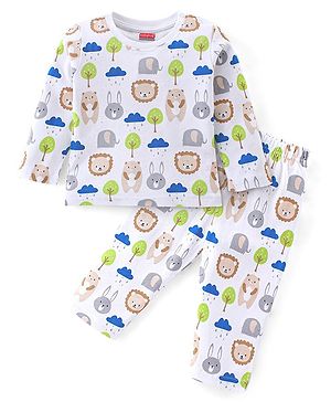 Babyhug Cotton Knit Full Sleeves Night Suit With Animals Print - White & Blue