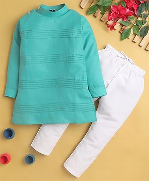 Jeet Ethnics Full Sleeves Double Striped Self Design Kurta with Pyjama - Turquoise