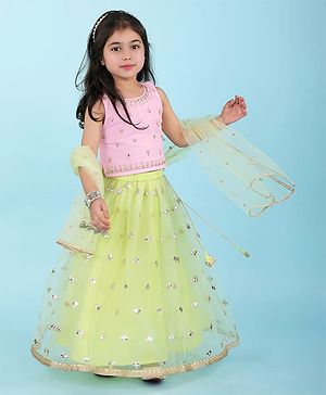 Babyhug Sleeveless Embroidered Choli with Net Embroidered Lehenga and Dupatta Set - Lime & Pink