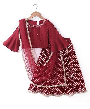 Babyhug Woven Half Sleeve Gotta Pattti Lehenga Choli And Dupatta Set With Floral Embroidery - Red