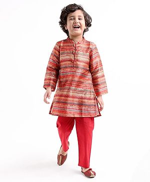 Babyhug Full Sleeves Printed Dhari Kurta with Pyjama Set  - Rust