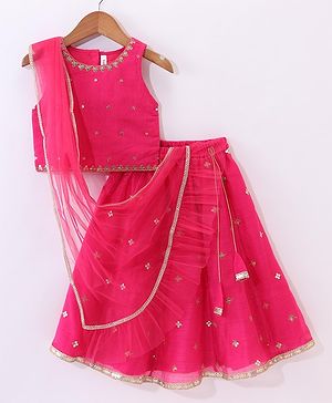 Babyhug Sleeveless Chanderi Embroidered Top & Tiered Lehenga with Lace Border Dupatta - Fuschia