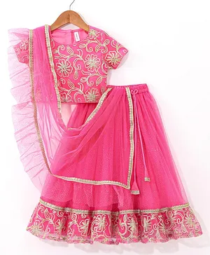 Babyhug Half Sleeves Zari Embroidered Choli with Net Lehenga and Dupatta Set - Pink