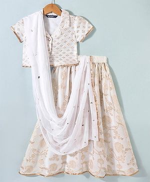 Pine Kids Brocade Half Sleeves Choli Chanderi Lehenga  Set- White