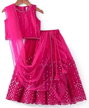 Babyhug Sleeveless Net Mirror Emroidered Lehenga Choli Set with Dupatta  -Fuschia