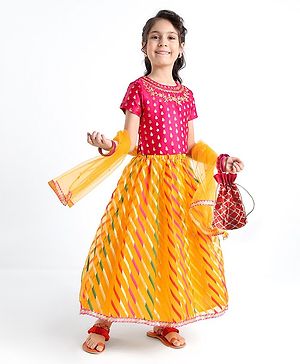 Babyhug Short Sleeve Embroidered Choli With Gotta Patti Lehenga And Dupatta Set - Yellow & Fuschia