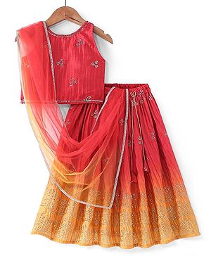 Babyhug Sleeveless Ombray Embroidered Pleated Lehenga Choli and Dupatta Set -Red & Mustard