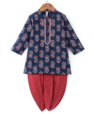 Babyhug Cotton Woven Full Sleeves Kurta and Dhoti Set Floral Print - Navy Blue