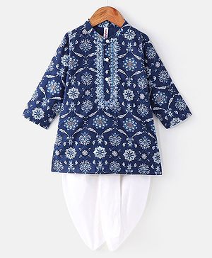 Babyhug Cotton Woven Full Sleeves Kurta and Dhoti Set Floral Print - Indigo