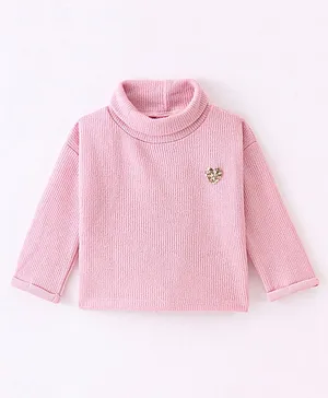 Little Kangaroos  Full Sleeves Light Winter Wear Turtle Neck Top with  Sequins Heart Embroidery - Pink