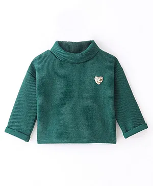 Little Kangaroos  Full Sleeves Light Winter Wear Turtle Neck Top with  Sequins Heart Embroidery - Hunter Green