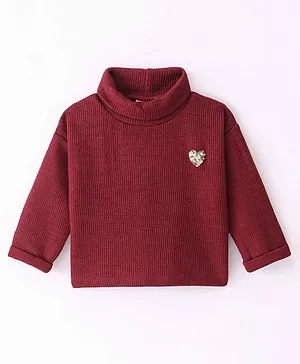 Little Kangaroos  Full Sleeves Light Winter Wear Turtle Neck Top with  Sequins Heart Embroidery - Maroon