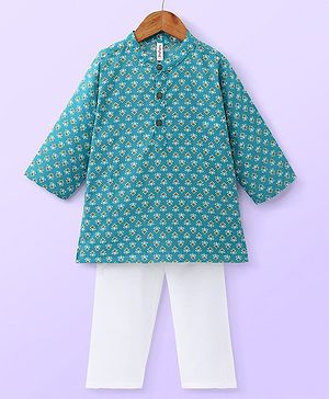 Babyhug Cotton Woven Full Sleeves All Over Printed  Kurta Pajama Set - Blue