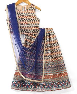 Babyhug Sleeveless Printed Choli with Sequenced Lehenga and Dupatta Set - Beige